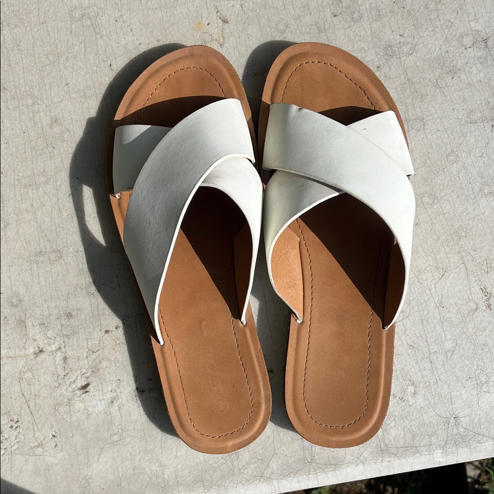 Soda White and Tan Cross-Strap Sandals